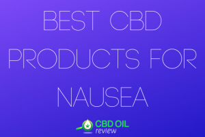 Vector graphic poster written with "BEST CBD PRODUCTS FOR NAUSEA" with CBD OIL Review logo below